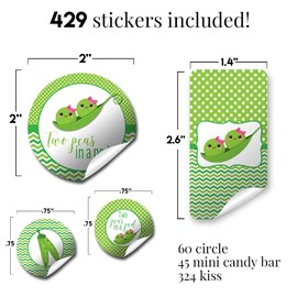 Two Peas in a Pod Twin Girl Baby Shower Sticker Bundle Kit - 429 pieces!!! Includes 60 2" Circle Stickers for Favors & Goodie Bags, 45 Mini Candy Bar Wrappers & 324 Round Candy Kiss Stickers by Amanda