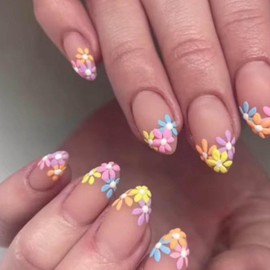 DANMANR Short Fake Nails Flower Press on Nails Almond Nails Full Cover Acrylic Colorful Flase Nails for Women and Girls 24PCS