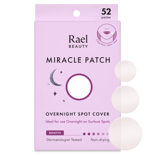 Rael Pimple Patches, Miracle Overnight Spot Cover - Hydrocolloid Acne Patches for Face, Zit and Blemish Spot, Thicker & Extra Adhesion, Acne Absorbing Cover, Vegan, Cruelty Free, 3 Sizes (52 Count)