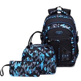 IvyH Schulrucksack Jungen Teenager, Kinderrucksack Camouflage Rucksäcke Jugendliche Jungen Mädchen 3-In-1 Schulranzen für Schule(Blau)