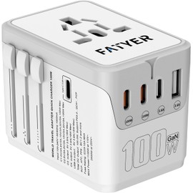 FATYER Universal Travel Adapter, 120w GaN International Plug Adapter with 100W C to C Cable, 4 PD USB-C+1 USB-A Travel Power Adapter, EU/UK/AU/US Worldwide Power Outlet for Laptops, Tablets, Phones