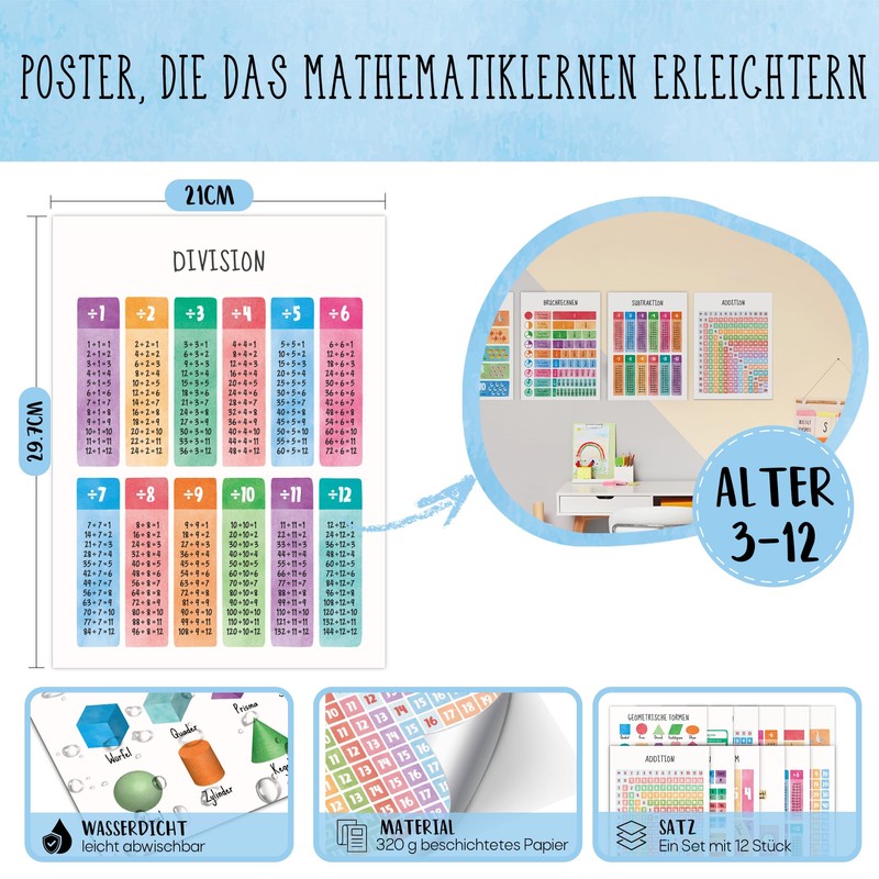 BIROYAL 12 Educational Maths Learning Posters German A4 - Learning