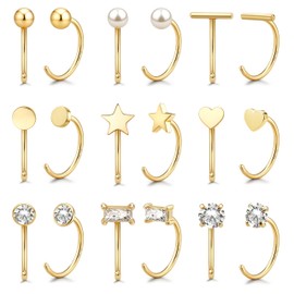 GEMQUEEN 14K Gold Huggie Half Hoop Earrings Cartilage Helix Open Hugging Earrings Stud for Women | 9 Pairs Hypoallergenic 316L Stainless Steel Jewelry Set with 5A CZ Pearl Heart Bar Star Ball Dot