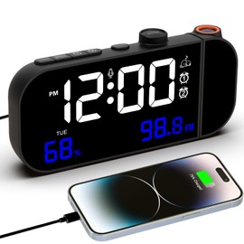 VORRINC Projection Alarm Clock, 15 Inch Digital Radio Alarm Clock with Large Numbers/Double Alarms/Snooze/Temperature/Humidity/Brightness and Volume Adjustment, USB C Charging Port - Black