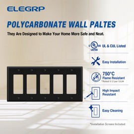 ELEGRP 5-Gang Decorative Wall Plates, Standard Size 4.52" H x 10.03" L Unbreakable Thermoplastic Faceplate Cover for Decorator Receptacle Outlet Switch, UL Listed (1 Pack, Glossy Black)