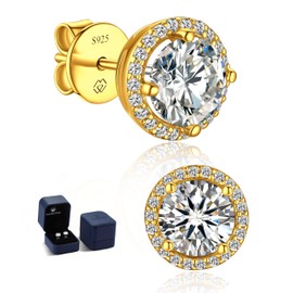 MomentWish Women's Moissanite Earrings, 1 - 2 Ct, Moissanite D Color, VVS1 Gold, 925 Silver, Hypoallergenic, Single Diamond Earrings, For Women, Birthday, Anniversary, Gift, 2 carat (1 ct × 2) - 6.5