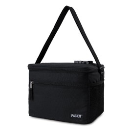 PackIt Freezable Essential Cooler, Black, Built with ECOFREEZE Technology, Fully Freezable, Collapsible, Reusable, With Removable Crossbody Strap, Top Clip Handle, Designed for Fresh Office