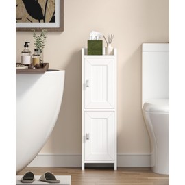 Akxomel Small Bathroom Cabinet with 2 Doors, Narrow Toilet Paper Storage Cabinet, Bathroom Organizer for Small Spaces, Slim Corner Floor Unit with Adjustable Shelves, White