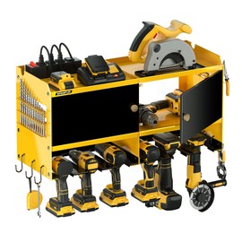 Spampur Power Tool Organzier with Charging Station, Garage Storage Cabinet with Doors and Shelves, Metal Wall Mount Rack with 4 Drill Holder/4 Outlet Power Strip, Tool Rack for Workshop/Shed/pegboard