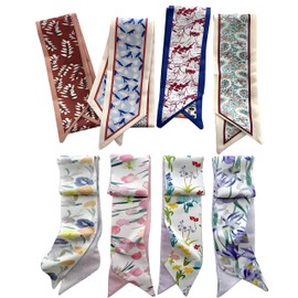 MsAnya 8Pcs Fashion Scarves for Women, Multifunctional Boho Scarves Headbands Satin Scarf for Bag Hair Accessories (floral01khaki, 8 pcs)