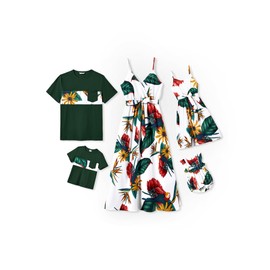 PATPAT Family Matching Outfits Mom and Daughter Matching Outfits Tropical Floral Palm Leaf Print Spaghetti Strap Mommy and Me Hawaiian Dress Boho Beach White Floral Print Hawaiian Dresses for Women L