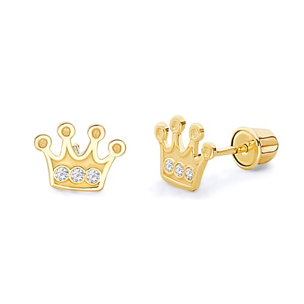 14k REAL Yellow Gold Crown Stud Earrings with Screw Back,