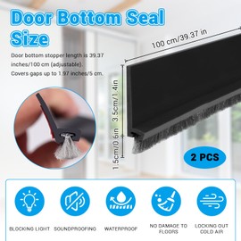 Huakaile 2 Pack Rubber Door Sweep, 39" x 2" Under Door Draft Stopper Blocker with Brush, Self-Adhesive Weather Stripping, Door Bottom Seal Strip for Cold Hot Air Gap Insulation (Black)