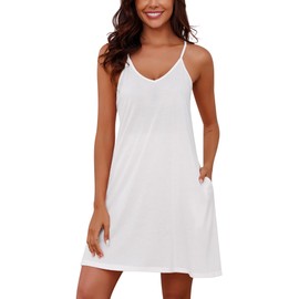 Marvmys Ladies Sleeveless House Dress Nightgown Cotton Slip Dress Cami Short Sleeping Dress Nightie White M