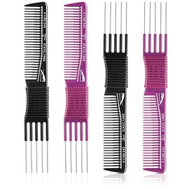 4 Pieces Carbon Lift Teasing Combs with Metal Prong Lift Teasing Comb and Hair Pick Salon Teasing Lifting Fluffing Comb with 5 Stainless Steel Pins fo