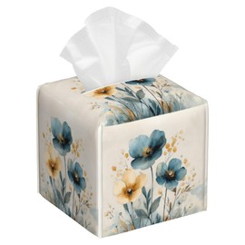 Watercolor Blue and Gold Poppy Tissue Box Cover,Abstact Flowers Plants Waterproof Leather Square Tissue Box Cover Case Facial Paper Organizer Dispenser Box Holder for Home Office Bathroom Vanity