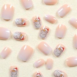 RIICFDD 24 Pcs Christmas Press on Nails Short Square Fake Nails White Gradient Nails Press ons Aurora Glitter Snowman Stick on Nails Full Cover Winter Holiday False Nails for Women Girls