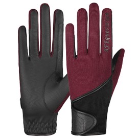 AFE Ladies Horse Riding Gloves Track Fabric Gloves Synthetic Leather Equestrian Black Stretch Fabric Pink Purple Lilac (Burgundy Finger Print, Large)