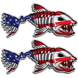 WSQ 2-Pack USA Flag Bone Fish Vinyl Sticker Decal - 6x2.5 Inches - Fish Decals for Boats Salt Life Sticker Car Truck SUV Van Window Bumper Wall Laptop Tablet Cup Tumbler and Any Smooth Surface