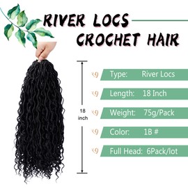 LIYATE Goddess Locs Crochet Hair 18 Inch 6 Packs Faux Locs Crochet Hair for Black Women Pre Looped Soft River Locs Crochet Braids with Curly Hair Bohemian Hippie Locs Synthetic Hair Extensions(1B)