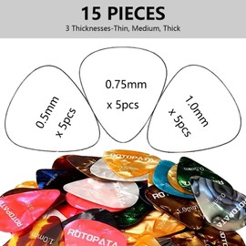 ROTOPATA Guitar Pick Holder With 15 Celluloid Picks (5×0.5mm, 5×0.75mm, 5×1.0mm) and a Clear Storage Box, Black Guitar Pick Case with Adhesive, Stuck on Guitar, Electric, Acoustic, Ukulele, Bass