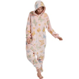 Christmas Women's Snug Fit Zip Up One-piece Pajamas, Glow In The Dark Tie Dye Hooded Onesies Costume (US, Alpha, Medium, Regular, Regular, Pink-Butterfly)