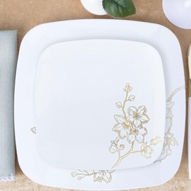 Blue Sky Gold Buds Elegant 6" Square Disposable Plastic Plates (10 Count) - White with Gold Floral Design for Parties & Events