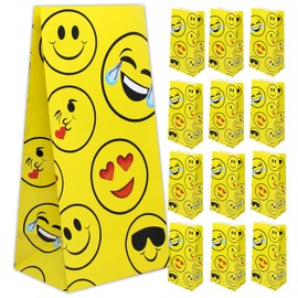 Emoticon Party Bags Bulk - 12 Emotion Party Favors Goodie Bags for Emoticon Party Supplies, Emoticon Birthday - Fun Party Paper Bags for Candy, Goodies, Treats