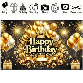 BlissYard Happy Birthday Backdrop Banner 71x43 Inch Black and Gold Banner Crown Balloons Stars Photography Background Men Women Birthday Party Decoration for Indoor Outdoor Events Photo Booth Props