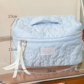 Floral Quilted Makeup Bag with Zipper - Multifunctional Cosmetic Pouch for Storage and Organization - Toiletry and Beauty Essentials Carrier, Perfect for Travel and Daily Use