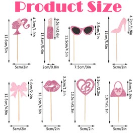 Maxqzin 24 PCS Hot Pink Cupcake Toppers Princess Cupcake Toppers Glitter Princess Cupcake Topper with Heart, Bow, Lip, Handbag, Lipstick, Glasses, Lady, High Heel for Princess Wedding Shower Supplies