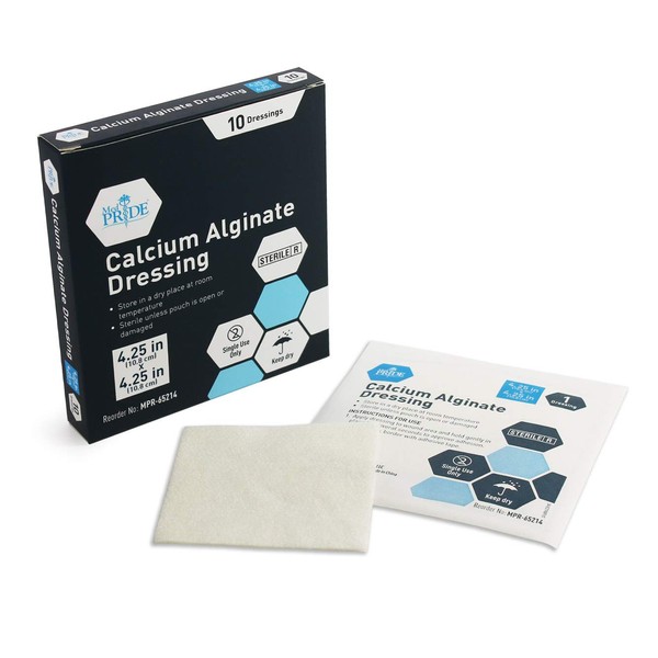 Medpride Calcium Alginate Wound Dressing Pads| 4.25” x 4.25” Patches, 10-Pack| Antimicrobial, Non-Stick Padding, Sterile, Highly Absorbent & Comfortable| Flexible & Gentle on The Skin, Faster Healing
