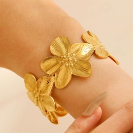 Annpro Gold Wide Cuff Bracelets for Women,Vintage Chunky Golden Flower Bracelet Boho Trendy Cute Floral Open Thick Arm Cuff Bangles Minimalist Statement Jewelry (Gold)