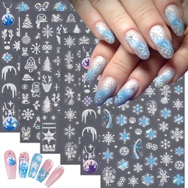 5D Christmas Micro Embossed Snowflake Nail Art Stickers Winter White Blue Snowflake Christmas Tree Nail Decals Xmas Tree Snowball Nail Design Gradient Snowflake Nail Supplies for Women Kids(6Sheets)