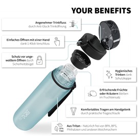 720°DGREE Water Bottle “uberBottle“ - 1 L softTouch +Fruit-Infuser - BPA-Free Tritan, Leakproof, Reusable Drinking Bottle - Sports Bottle for Gym, Running, Fitness, Cycling, Travel, School & Office