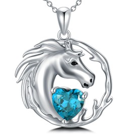 LONAGO Horse Necklace 925 Sterling Silver Horse with Birthstone Pendant Necklace for Women, Sterling Silver, Cubic Zirconia