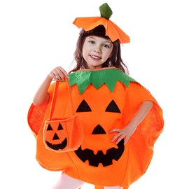 AOKUN Kit 3pzs Disfraz Halloween para Niños y niñas,Incluir Ropa de Calabaza+Sombrero+Bolsa de Mano de Calabaza,Disfraz de Calabaza Kawaii,Cómodo y Transpirable,Reutilizable (Altura 105cm-145cm)