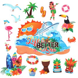 PHOGARY 17pcs Hawaiian Luau Cruise Door Magnetic Decorations, Summer Funny Magnets Hawaiian Tropical Magnet for Cruise Ship Door Carnival Stateroom