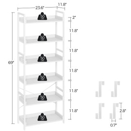 Rolanstar Bookshelf 6 Tier with 4 Hooks, Industrial Bookcase, Vintage Storage Rack with Open Shelves, Rustic Standing Bookshelves Metal Frame Display Rack for Living Room, Bedroom, White