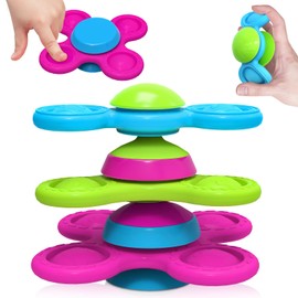 Guibola Saugnapf Spielzeug Kinder 3 Stück Fidget Spinner Baby Tierdruckmuster 10 Monate+ Baby Spielzeug Silikon Spinner Sensorik Spielzeug Montessori Spielzeug Badespielzeug Geschenke（Stapelbar-Tier