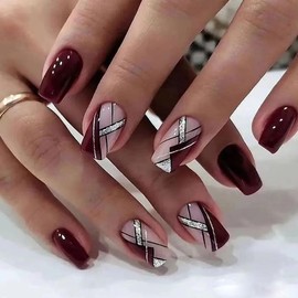 ANDGING Red Press on Nails Square Short Medium Glue on Nails for Women Fantasy Fake Nails with Bling Silver Geometry Designs Artificial Stick on Nails Gel Manicure Acrylic False Nails for Wedding