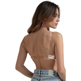 Vivisence Women's Clear Strap Bra Push Up Invisible Backless Clear Back Bra with Transparent Straps for Backless Dresses, Beige,30C
