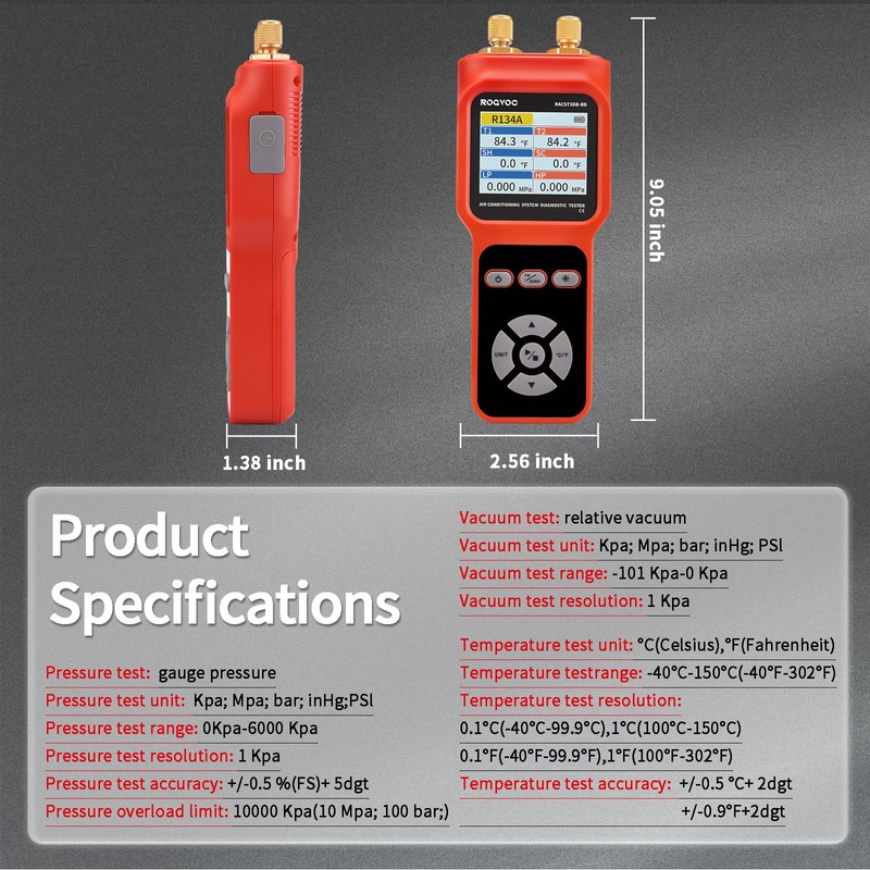 Rogvoc Digital Manifold Pressure Tester Gauge for HVAC, 2-Way AC