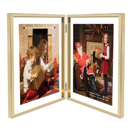 Golden State Art, Light Gold 8x10 Hinged Double Metal Frame - Floating Effect for 6x8 or Smaller Photos with Real Glass for Protection - Elegant Desktop Decor for Home or Office - Vertical Display