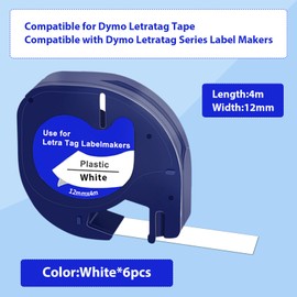 Pack of 6 Compatible with DYMO LetraTag Label Tape 91201, 12 mm x 4 m for Dymo LT-110T LT-100H LT-2000 LT- QX50 Label Printer Thermal Printer Paper, Ideal for Home and Office (Black on White)