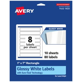 AVERY Glossy White Rectangle Labels, 1" x 7", 80 Labels, Print-to-The-Edge, Permanent Adhesive, Laser/Inkjet Compatible