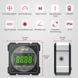 XUNTOP Digitaler Winkelmesser Neigungsmesser Laser Wasserwaage mit LCD Display, Type-C Schnittstelle IP54 Wasserdicht Magnetisch Nivellierbox Level Box für Holzarbeiten, Bau, Dekoration, DIY,Schwarz