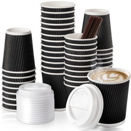 Fit Meal Prep 100 Pack 8 oz Insulated Ripple Wall Paper Coffee Cups with White Lids, Premium Black Triple Wall Disposable Coffee Cup, To Go Coffee Cups Anti Slip Ideal for Hot Beverage, Travel, Office