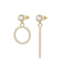 Bellitia Jewelry 14k Gold Plated 925 Sterling Silver Asymmetric Earrings Bar & Circle Dangle Earrings for Women, Shining Cubic Zirconia Fashion Earrings for Her