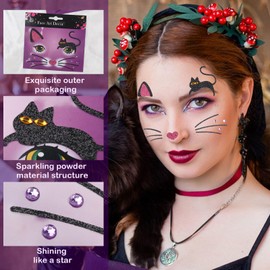 HIFANMM Cat Fake Tattoos Glitter Animal Face Temporary Tattoos Cute Black Cat Pink Ear Face Jewels Tattoo Stickers for Adults Kids Christmas New Year Eye Makeup Kit for Face Decor Supplies 2Pcs